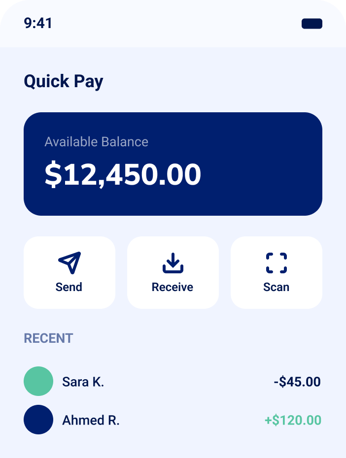 Quick Pay screen showing available balance, send, receive and scan actions, and recent transfers